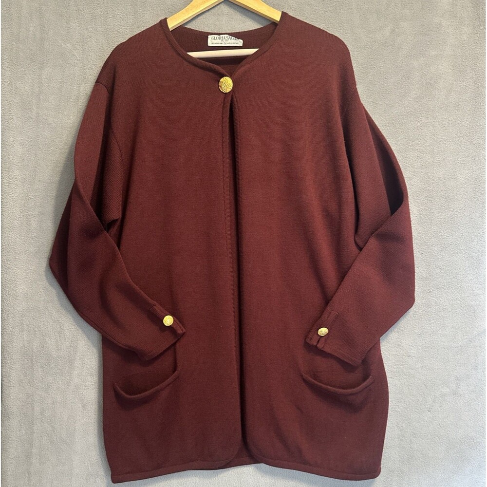 VTG Gloria Sachs New York 100% Merino Wool Cardigan Size M Burgundy Old‎ Money